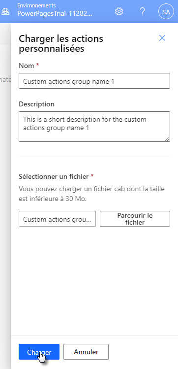 Capture d’écran du panneau Charger les actions personnalisées