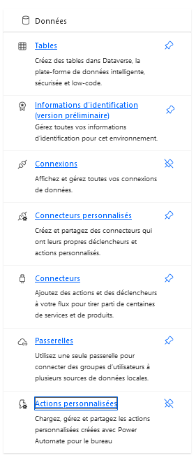 Capture d’écran des actions personnalisées sous la section Données