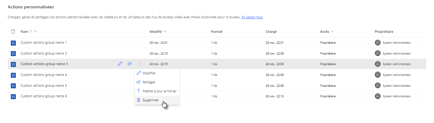 Capture d’écran de Supprimer un groupe d’actions personnalisées