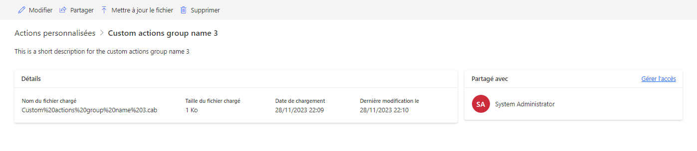 Capture d’écran de la vue détaillée Charger le groupe d’actions personnalisées