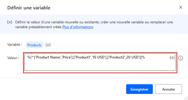 Capture d’écran d’une action Définir une variable qui crée une nouvelle table de données avec des en-têtes de colonne.