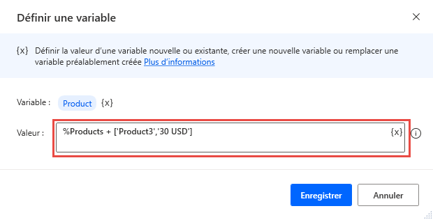 Capture d’écran d’une action Définir une variable qui ajoute une nouvelle ligne à une table de données.