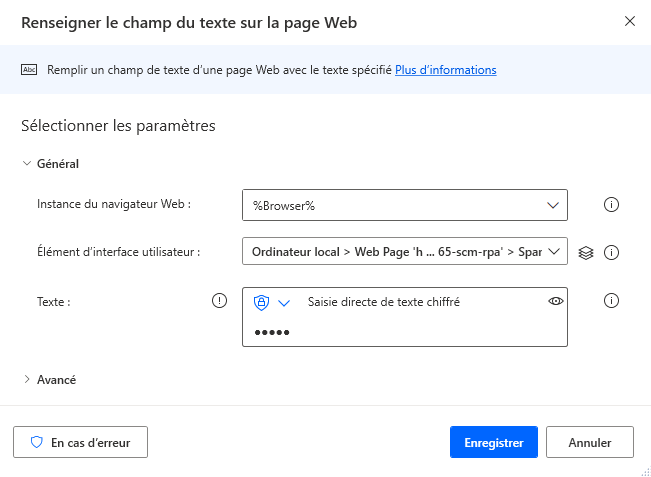 Capture d’écran de l’action Renseigner le champ du texte sur la page web.