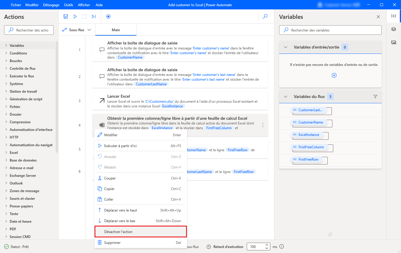 Capture d’écran de l’option de désactivation des actions.