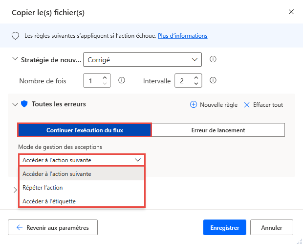 Capture d’écran de l’option Continuer l’exécution du flux dans l’action.