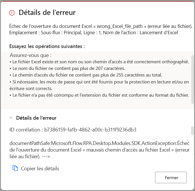 Capture d’écran de la boîte de dialogue des détails de l’erreur.