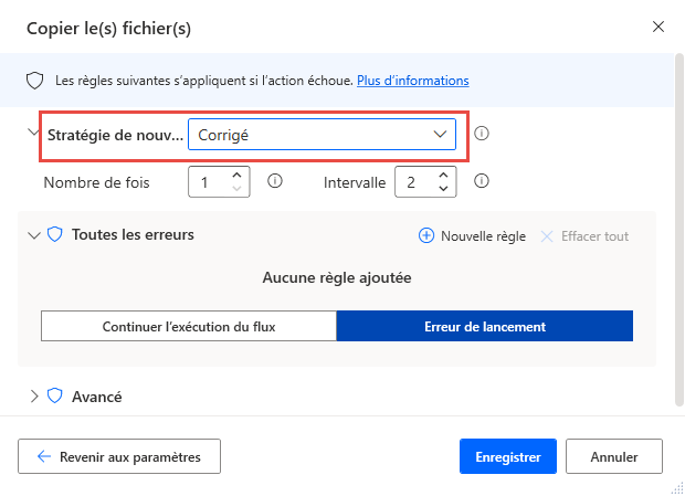 Capture d’écran de la case à cocher Réessayer l’action dans l’action.