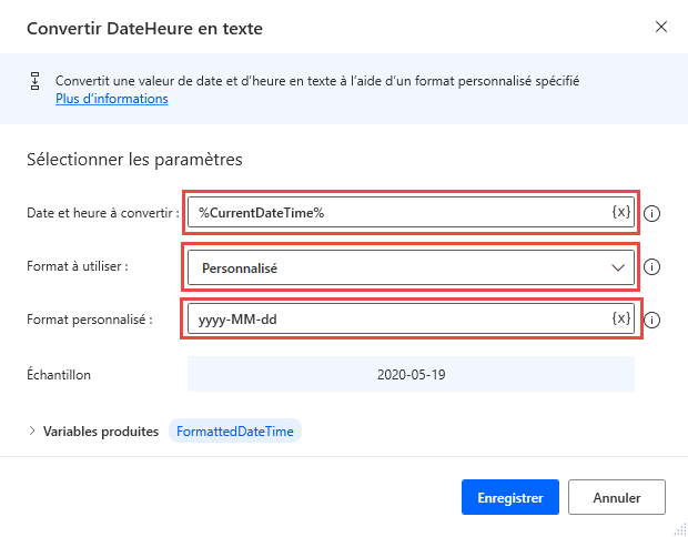 Capture d’écran de l’action Convertir la date et l’heure en texte.