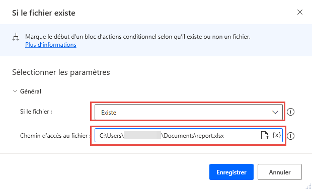 Capture d’écran de l’action Si le fichier existe.