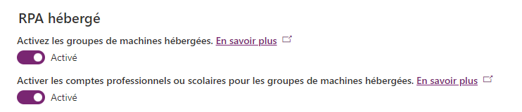 Capture d’écran de l’option Activer les comptes professionnels ou scolaires pour les groupes de machines hébergées dans le centre d’administration de Power Platform.