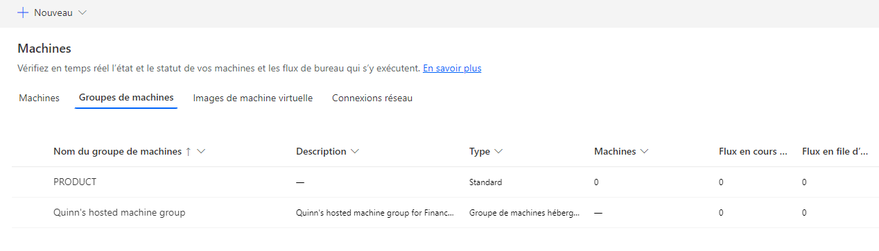 Capture d’écran des groupes de machines disponibles.