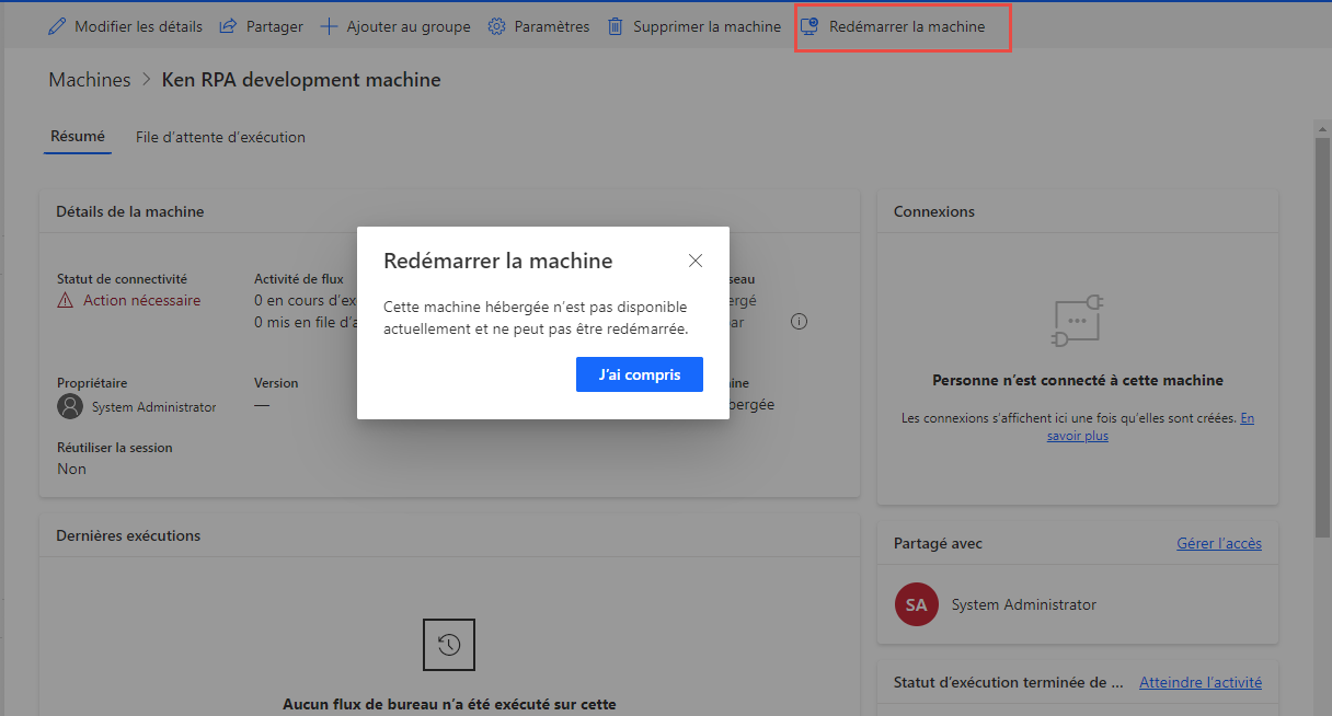Capture d’écran de la fonctionnalité de redémarrage de la machine hébergée.