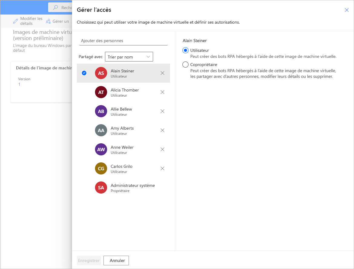 Capture d’écran de la boîte de dialogue Gérer l’accès d’une image de machine virtuelle.