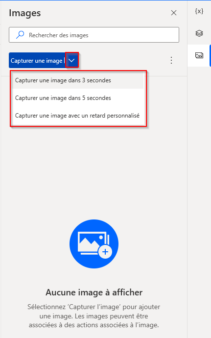 Capture d’écran de l’option Capture d’image avec un retard de l’onglet Images.