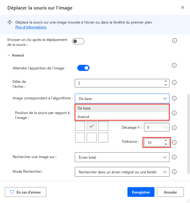 Capture d’écran des paramètres avancés de l’action Déplacer la souris vers l’image.