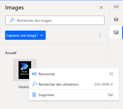 Capture d’écran des options d’utilisation Renommer et Supprimer des images.