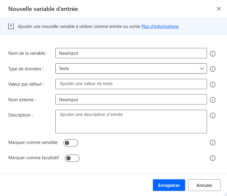 Capture d’écran de la boîte de dialogue de création d’une variable d’entrée.