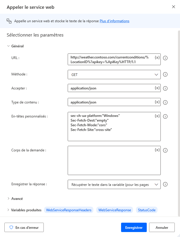 Capture d’écran de l’action Appeler le service web.