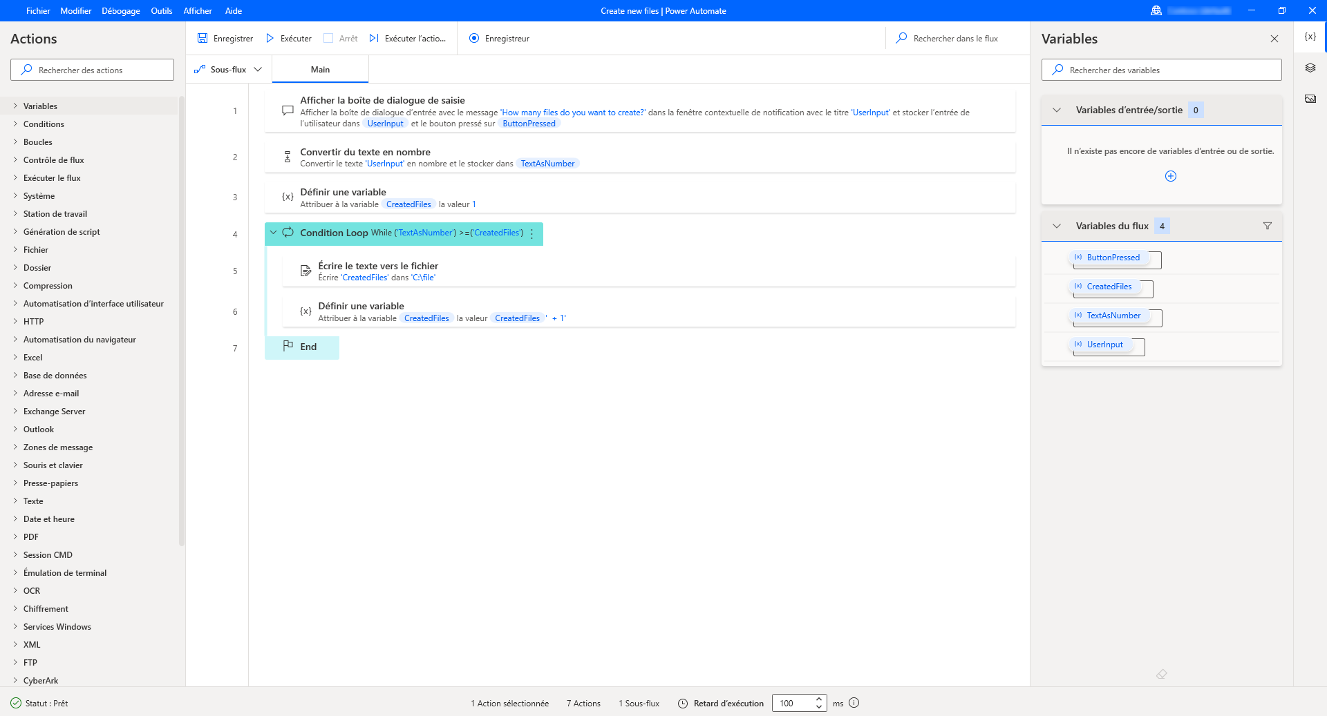 Capture d’écran d’un exemple de flux avec une action Boucle conditionnelle.