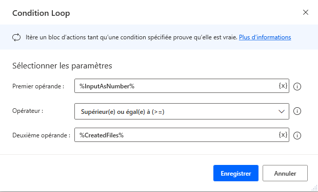 Capture d’écran de l’action Boucle conditionnelle.