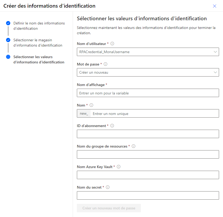 Capture d’écran de la définition du mot de passe des informations d’identification.