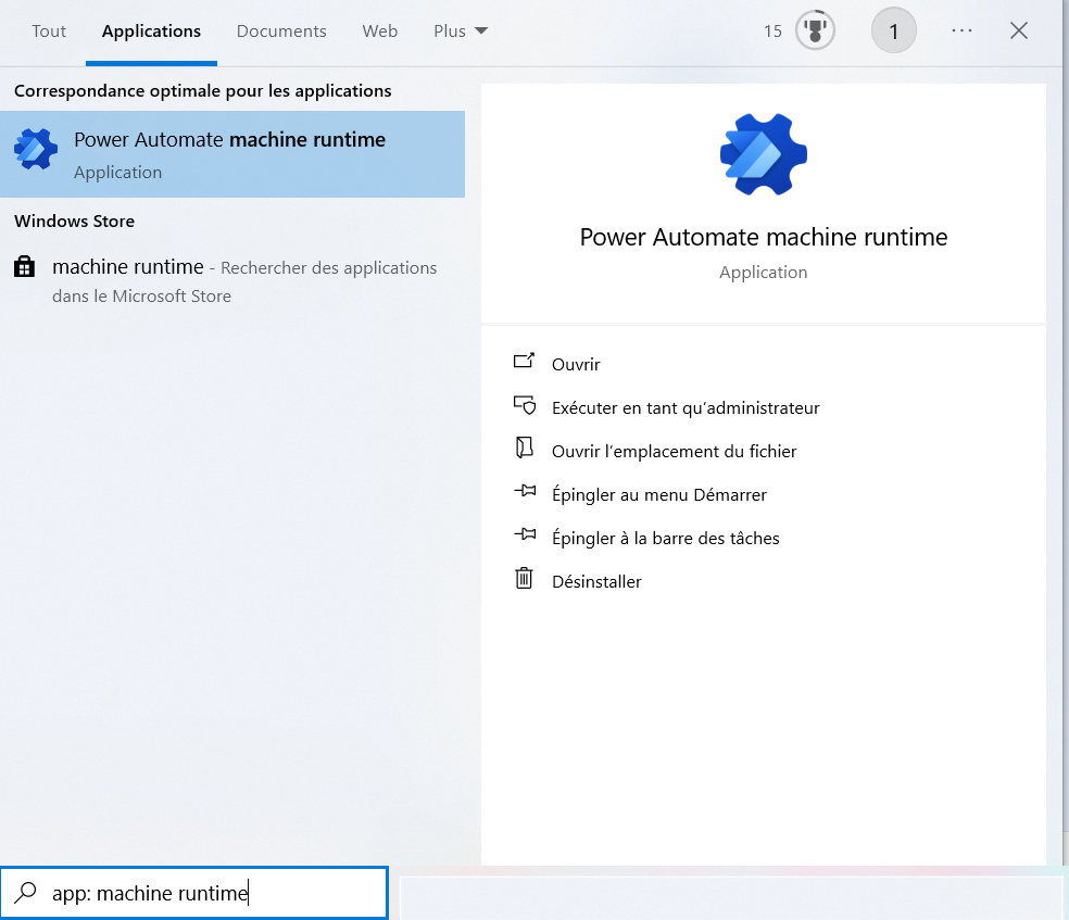 Capture d’écran de l’application d’exécution machine dans le menu de recherche Windows.