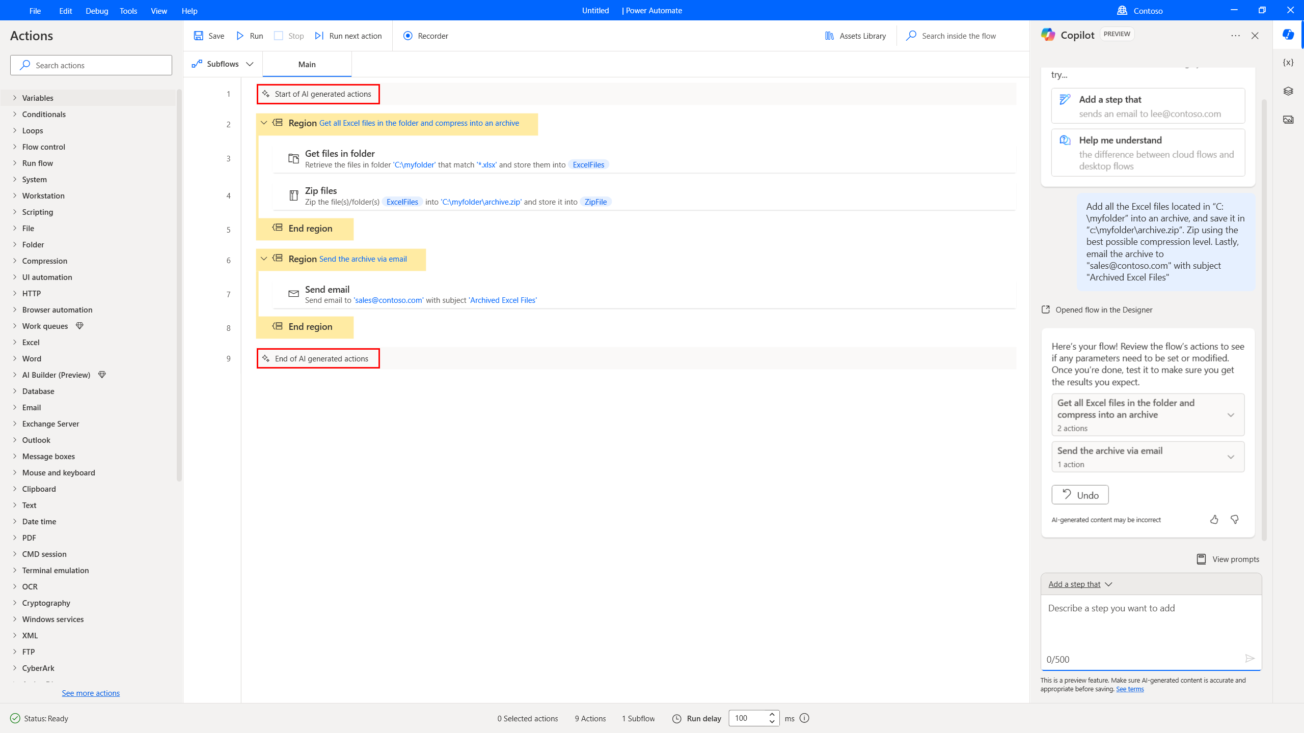 Capture d’écran montrant le concepteur ouvert avec le flux généré et les commentaires générés automatiquement qui marquent le début et la fin des actions générées par l’IA.