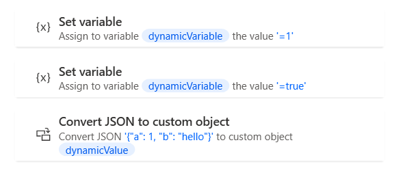 Capture d’écran montrant la définition d’une variable dynamique et d’une valeur dynamique.