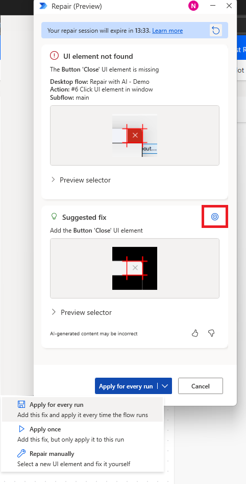 Capture d’écran montrant que Copilot a localisé l’élément d’interface utilisateur avec succès.