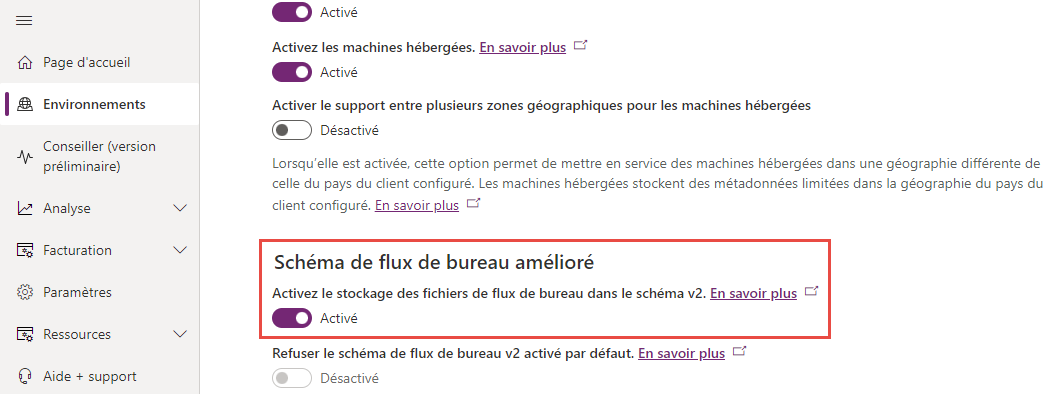 Option dans le centre d’administration Power Platform pour activer le nouveau schéma.