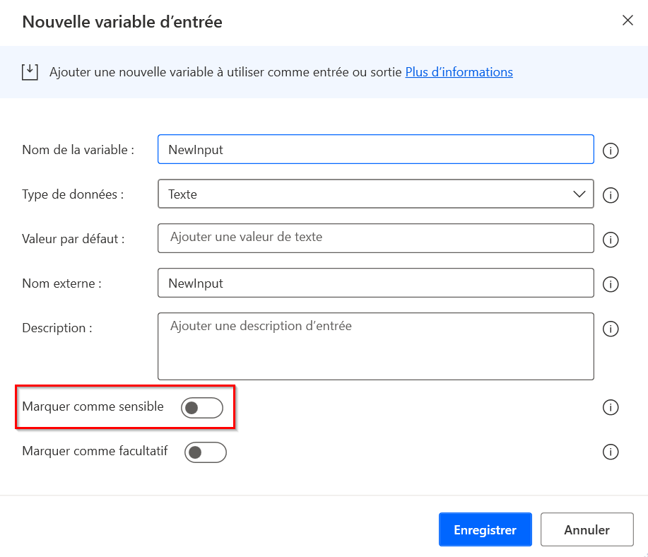 Capture d’écran de la boîte de dialogue permettant d’ajouter une nouvelle variable d’entrée.