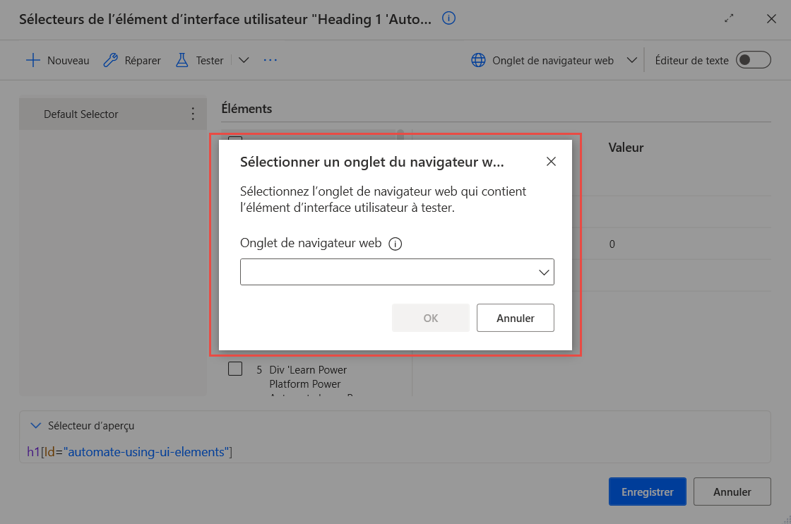 Sélectionnez l’onglet web contextuel pendant le test du sélecteur.