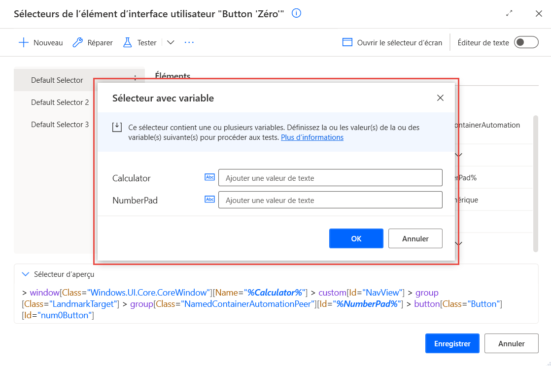 Sélecteur de test avec variable.