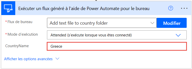 Capture d’écran des variables de l’entrée de l’action Exécuter un flux généré à l’aide de l’action Power Automate pour le bureau.