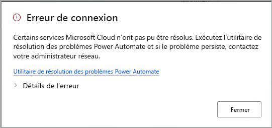 Boîte de dialogue Erreur de connexion détectée avec le lien de l’utilitaire de résolution des problèmes