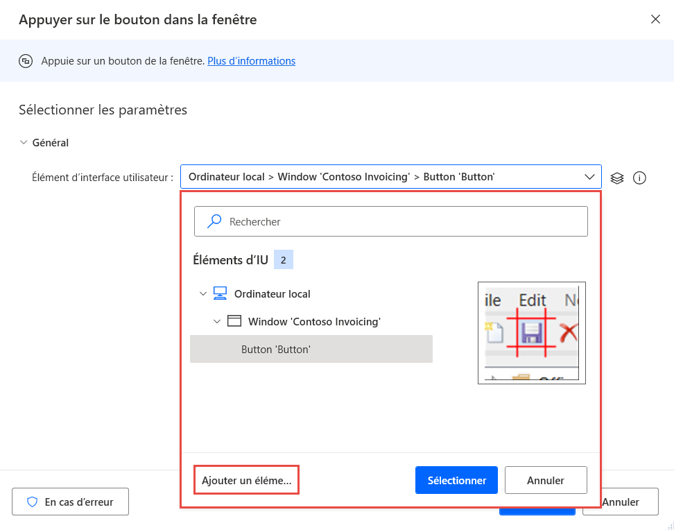 Capture d’écran des éléments d’interface utilisateur disponibles dans l’action Appuyer sur le bouton dans la fenêtre.