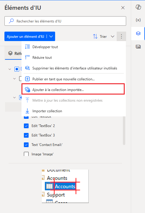 Ajouter des éléments de l’interface utilisateur à une collection importée