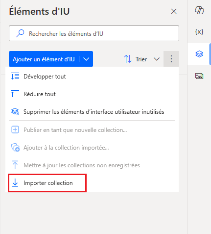 Option Importer une collection dans le volet des éléments de l’interface utilisateur