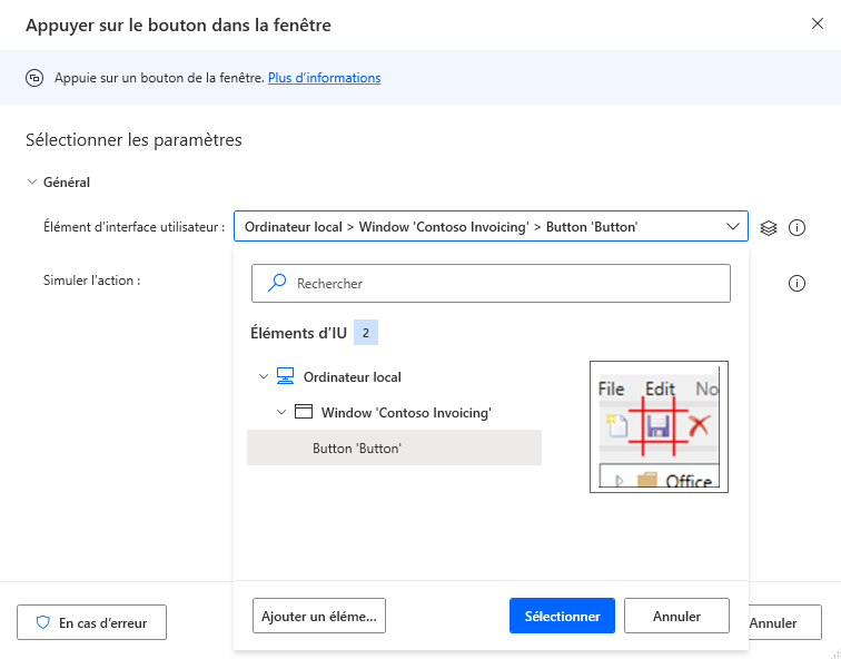 Capture d’écran des éléments d’interface utilisateur disponibles dans l’action Appuyer sur le bouton dans la fenêtre.