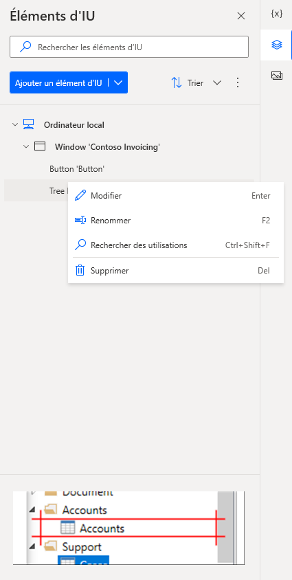 Capture d’écran du volet des éléments de l’interface utilisateur.