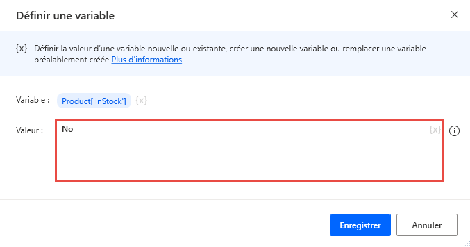 Capture d’écran d’une action Définir une variable qui ajoute une nouvelle propriété à un objet personnalisé.