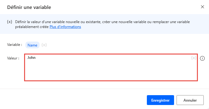 Capture d’écran d’une action Définir une variable qui crée une variable Valeur de texte.