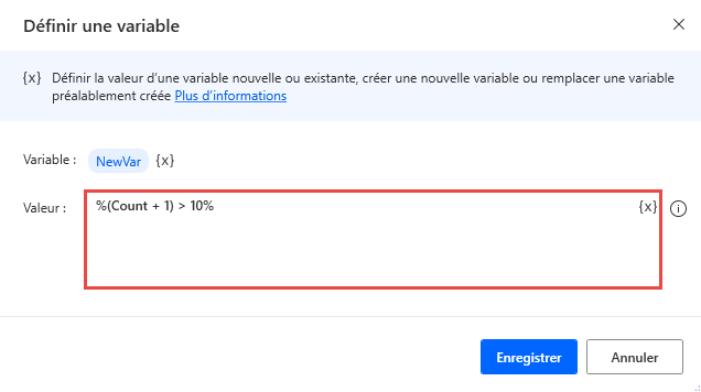 Capture d’écran d’une expression complexe dans un champ de l’action Définir une variable.