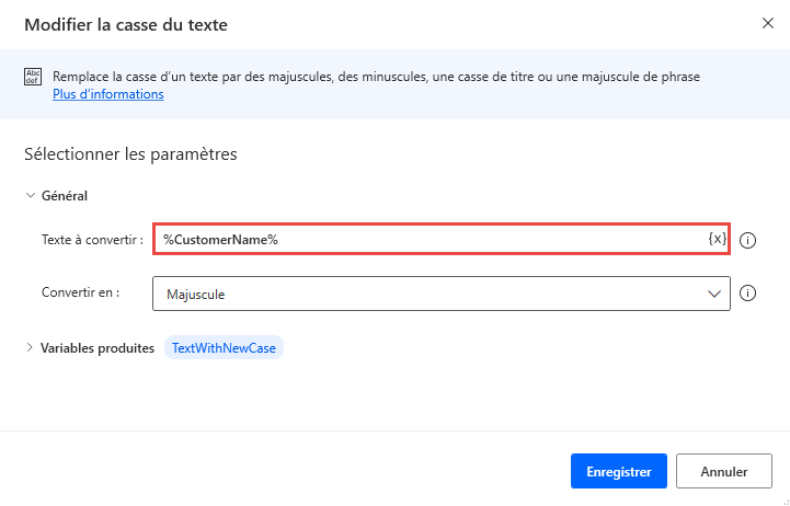 Capture d’écran de la notation en pourcentage dans le champ d’une action Modifier la casse du texte.