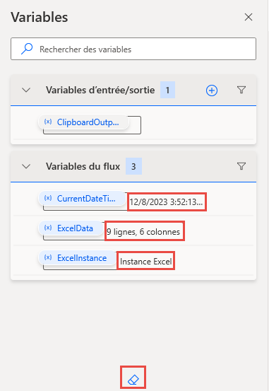 Capture d’écran de quelques valeurs dans le volet des variables.