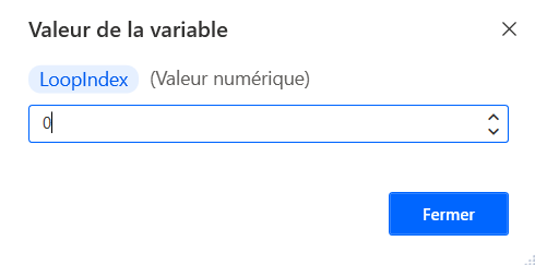 Capture d’écran d’une variable numérique en cours de modification dans la visionneuse de variables.