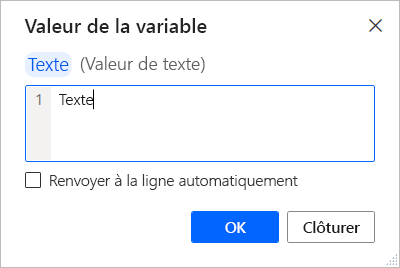 Capture d’écran d’une variable de texte en cours de modification dans la visionneuse de variables.