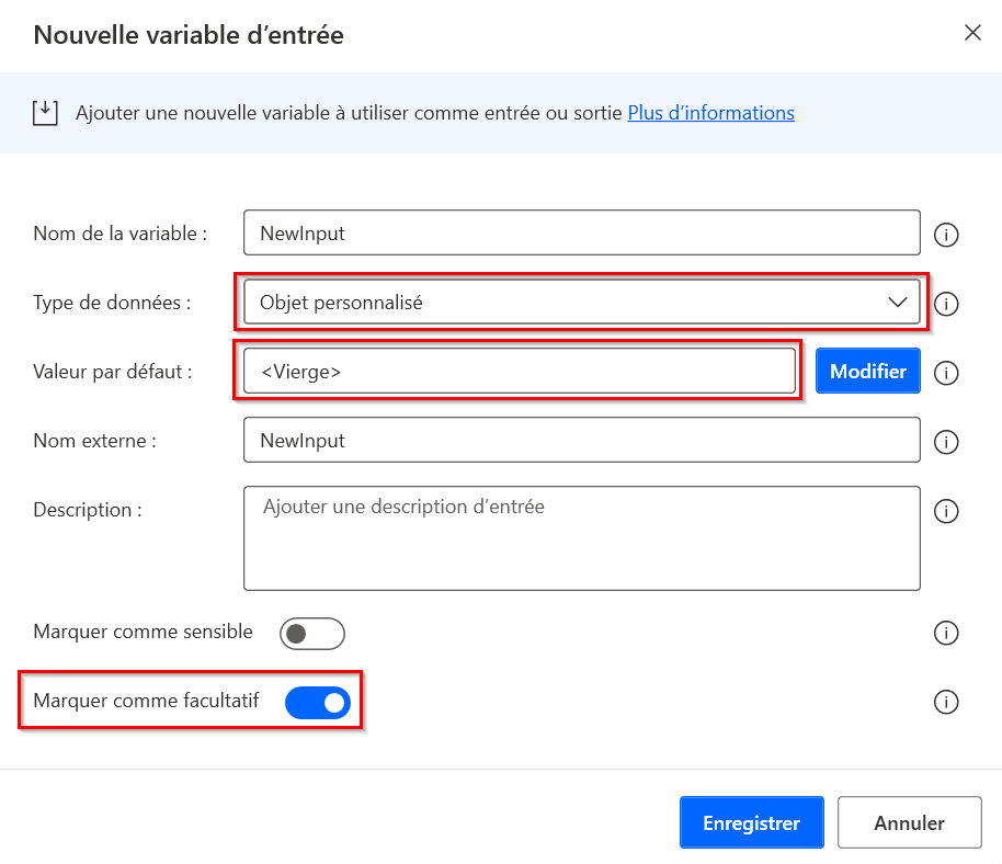 Capture d’écran de la configuration d’entrée de l’objet personnalisé pour utiliser Vide comme valeur par défaut.