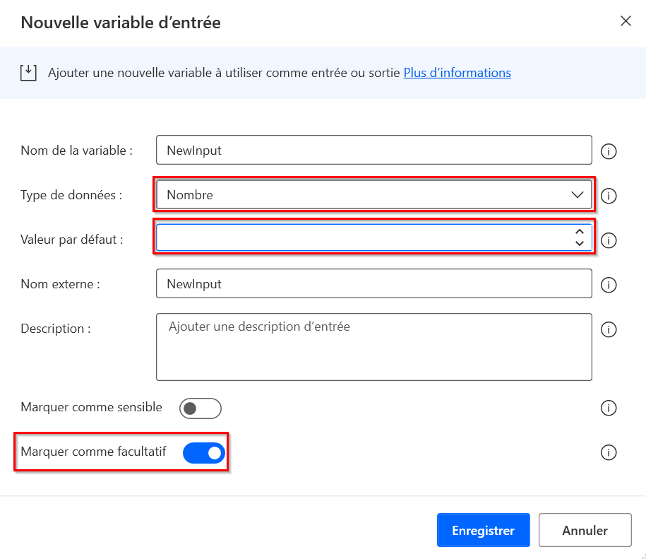 Capture d’écran de la configuration d’entrée de la variable numérique pour utiliser Vide comme valeur par défaut.