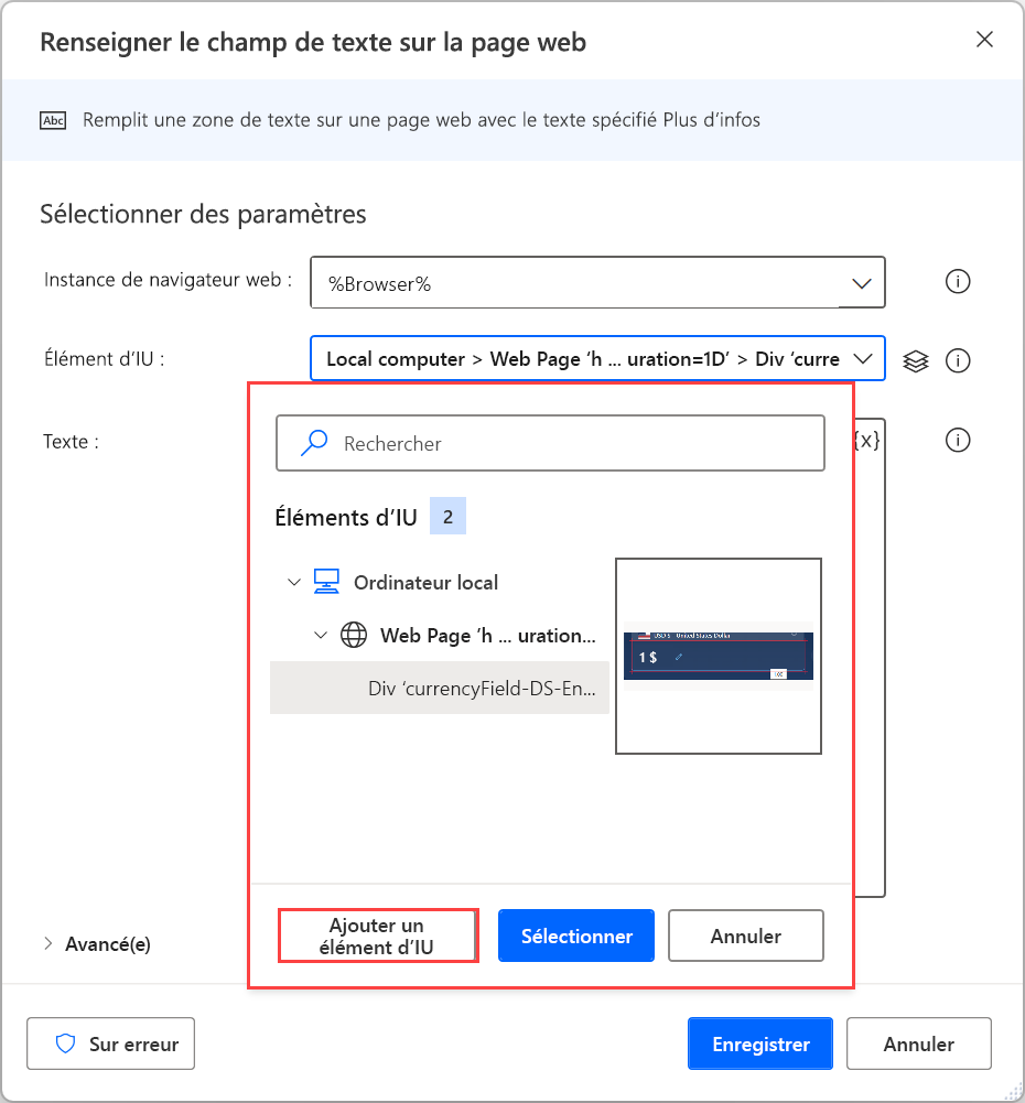 Capture d’écran des éléments d’interface utilisateur disponibles de l’action Renseigner le champ du texte sur la page web.